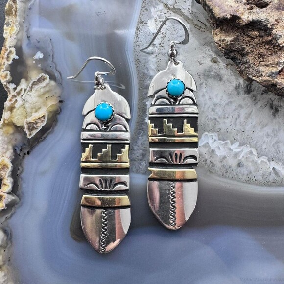 Tommy &Rosita Singer Sterling &Gold Filled Dot Turquoise Feather Dangle Earrings - Picture 1 of 10